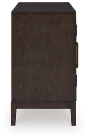 Ashley Furniture Burkhaus dining room set with a table and six chairs, featuring a modern design and dark wood finish.