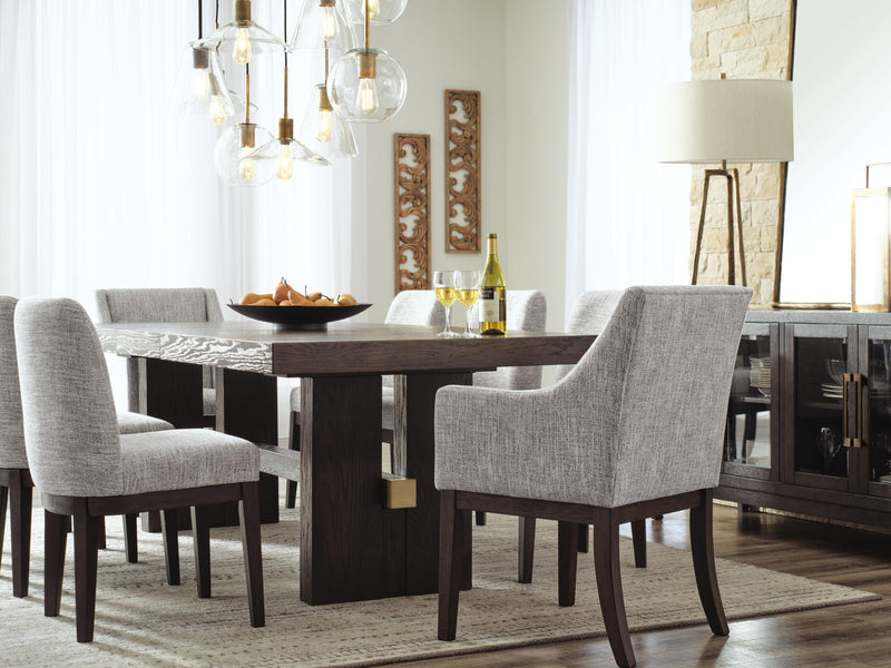 Ashley Furniture Burkhaus dining room set with a wooden table and matching chairs, stylish and perfect for a modern dining space.