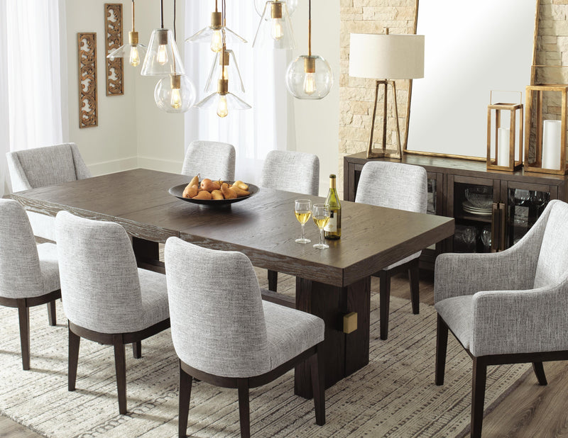 Ashley Furniture Burkhaus dining room set with a wooden table and matching chairs, perfect for a modern dining space.