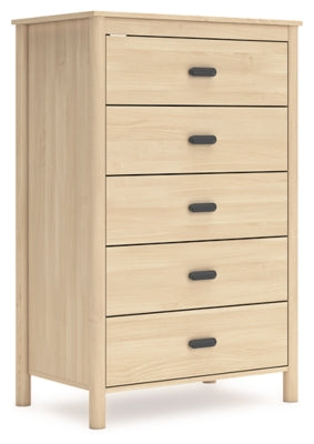 Ashley Furniture Cabinella Chest of Drawers, angled view showing wooden finish and multiple drawers in a modern bedroom setting.
