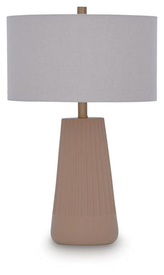 Ashley Furniture Dellner table lamp with a sleek design, featuring a fabric lampshade and modern base for stylish home lighting.