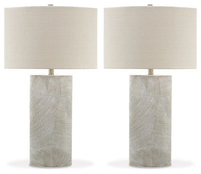 Ashley Furniture Bradard table lamp set with two elegant lamps featuring neutral shades and stylish bases.