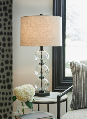 Pair of Ashley Furniture Airbal Table Lamps with sleek modern design, featuring white drum shades and brushed nickel bases.