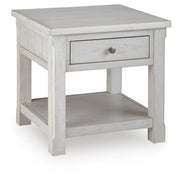 Ashley Furniture Robbinsdale end table with a dark wood finish and a closed storage drawer, viewed from an angle.