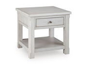 Ashley Furniture Robbinsdale end table with a sleek, modern design, featuring a closed storage compartment and angled legs.
