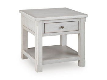 Ashley Furniture Robbinsdale end table with a sleek, modern design, featuring a closed storage compartment and angled legs.