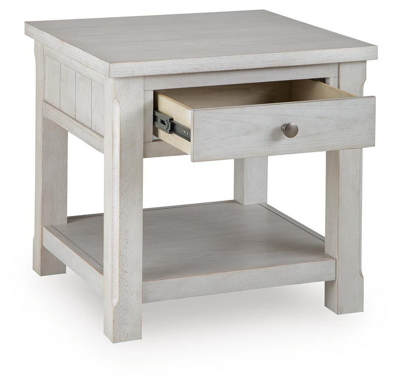 Ashley Furniture Robbinsdale end table with open storage shelf and angled design, made of dark wood for living room decor.
