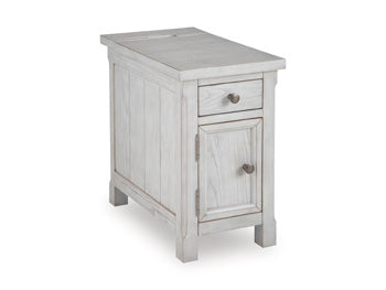 Ashley Furniture Robbinsdale chairside end table with a dark wood finish, featuring a compact design and storage drawer.