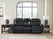 Open Ashley Furniture 5Z-Comfort Power Reclining Sofa showing plush cushions, reclining mechanism, and contemporary design.