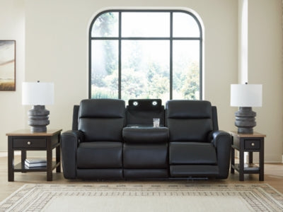 Open Ashley Furniture 5Z-Comfort Power Reclining Sofa showing plush cushions, reclining mechanism, and contemporary design.