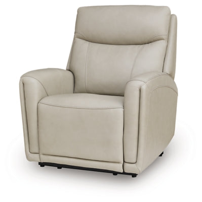 Ashley Furniture Pincara Power AutoGlide Recliner in dark brown leather, shown from an angled view with closed footrest.