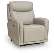 Ashley Furniture Pincara Power AutoGlide recliner in dark brown leather, shown from an angled view with closed footrest.