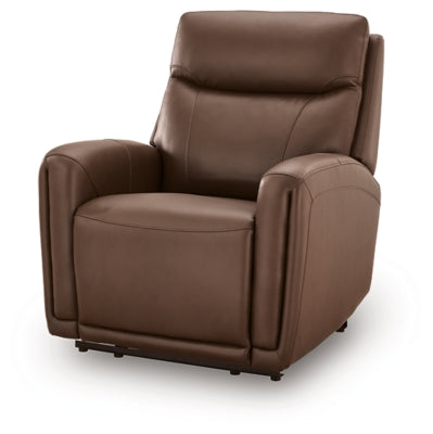 Ashley Furniture Pincara Power AutoGlide Recliner in dark upholstery, showing the closed recliner from an angled side view.