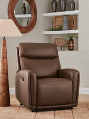 Ashley Furniture Pincara Power AutoGlide Recliner with plush fabric and padded armrests, shown in a closed position.