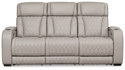 Ashley Furniture Boyington Power Reclining Sofa with plush cushions and reclining features, shown from a head-on angle.