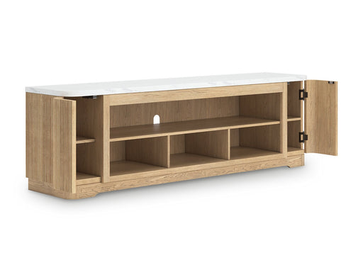 Ashley Furniture Camdill 80-inch TV stand with open shelves and storage compartments, shown from an angled side view.