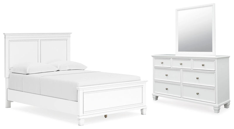 Ashley Furniture Fortman bedroom set with wood bed, dresser, nightstand, and mirror