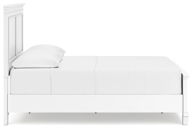 Ashley Furniture Fortman bedroom set with coordinated bed, dresser, mirror, and nightstand in a wood finish