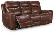 Ashley Furniture Next Move mahogany power reclining loveseat with built-in console, featuring plush cushions and reclining mechanism.