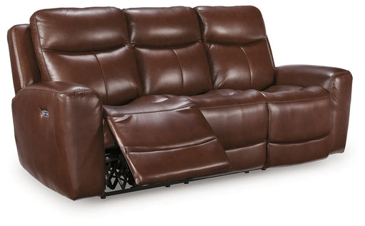 Ashley Furniture Next Move mahogany power reclining loveseat with built-in console, featuring plush cushions and reclining mechanism.