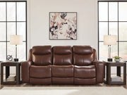 Ashley Furniture Next Move mahogany power reclining loveseat with console, showcasing plush upholstery and built-in cup holders.