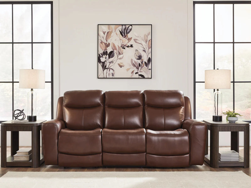 Ashley Furniture Next Move mahogany power reclining loveseat with console, showcasing plush upholstery and built-in cup holders.
