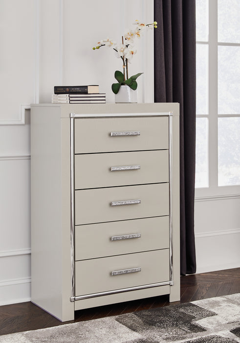 Zyniden Queen Upholstered Panel Bed with Mirrored Dresser, Chest and Nightstand