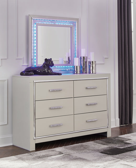 Zyniden Queen Upholstered Panel Bed with Mirrored Dresser and Chest