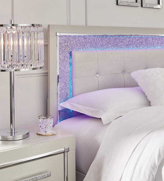 Zyniden King Upholstered Panel Headboard with Mirrored Dresser, Chest and Nightstand