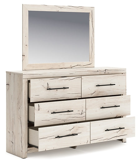 King Panel Headboard with Mirrored Dresser, Chest and Nightstand