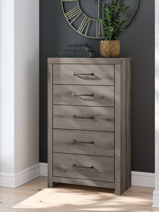 Graystorm Queen Panel Bed with Mirrored Dresser and Chest