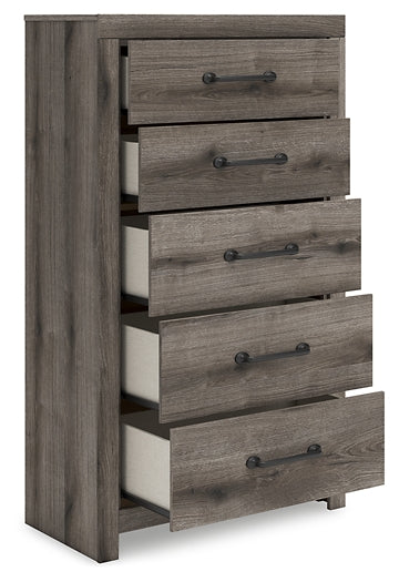 Graystorm King Panel Bed with Mirrored Dresser, Chest and Nightstand