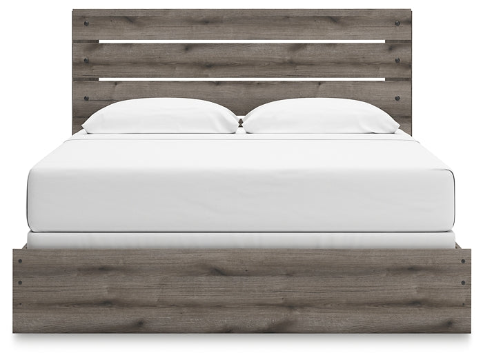 Graystorm King Panel Bed with Mirrored Dresser, Chest and Nightstand