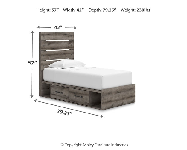 Graystorm Twin Panel Bed with Storage with Mirrored Dresser