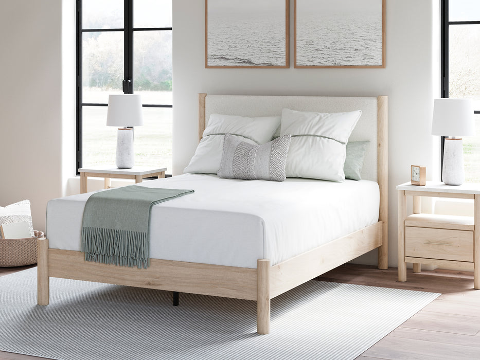 Queen Upholstered Panel Bed with Mirrored Dresser and Chest